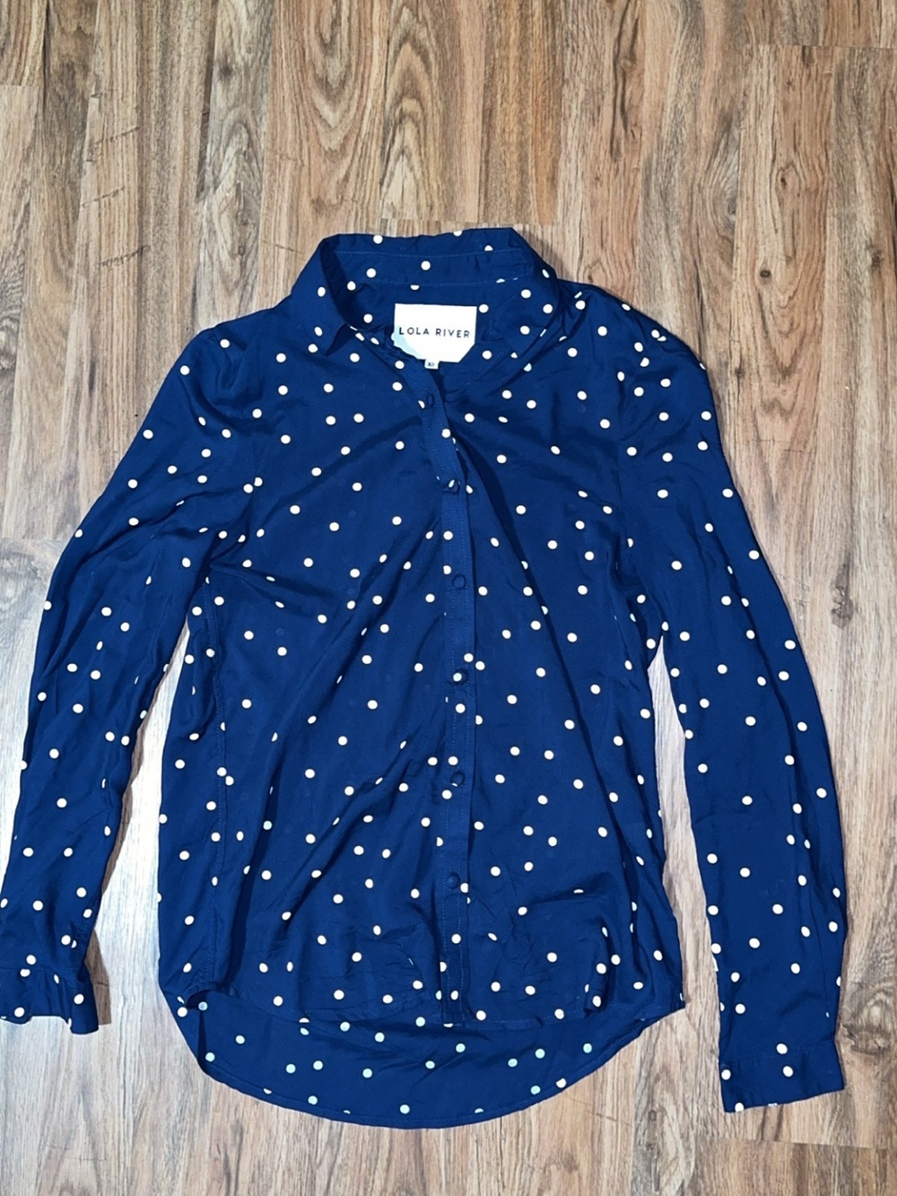 Lola River Navy Blue Polka Dot Long Sleeve Button Up Blouse - XS